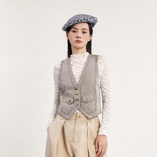 谜底格纹小马甲女2024春新款复古帅气修身短款西装马夹241MM0079 商品图0