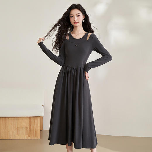 气质优雅假两件镂空长袖连衣裙春季新款亲肤软糯针织长裙V0140101 商品图3