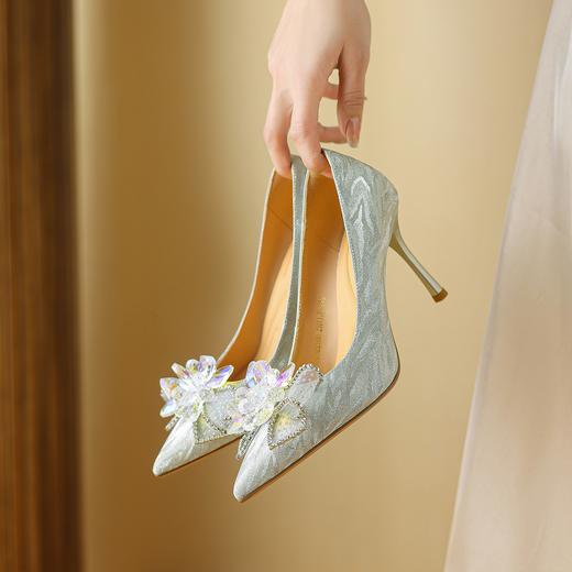 阿么手工女鞋水晶婚鞋宴会百搭细跟8.5CM法式亮片新娘高跟鞋尖头 商品图4
