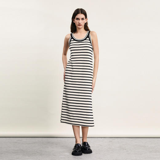 谜底连衣裙无袖女2024春新款文艺风条纹亲肤修身中长裙241ML0117 商品图1