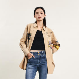 谜底大廓形印花衬衫女2024春新款复古高包容性纯棉衬衣241MC0093