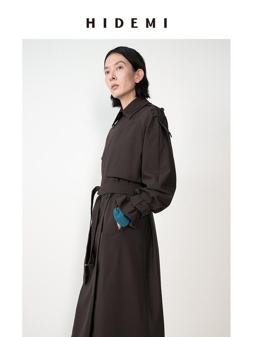 HIDEMI 咖色可机洗精纺羊毛极简立裁设计感搭片式可拆卸腰带肩章款长款风衣 商品图5