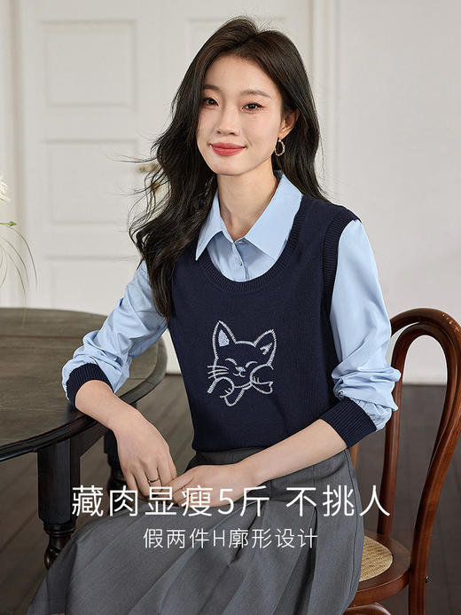 【1件72折】熙世界假两件学院风长袖POLO衬衫领猫咪刺绣针织衫女2025春新款 商品图1