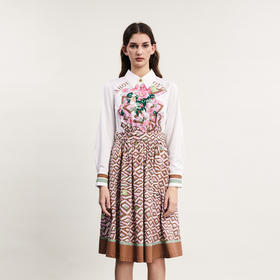 谜底衬衫式连衣裙长袖2024春新款复古印花中长款大摆裙241ML0091