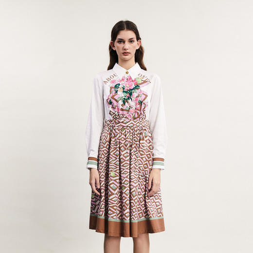 谜底衬衫式连衣裙长袖2024春新款复古印花中长款大摆裙241ML0091 商品图0