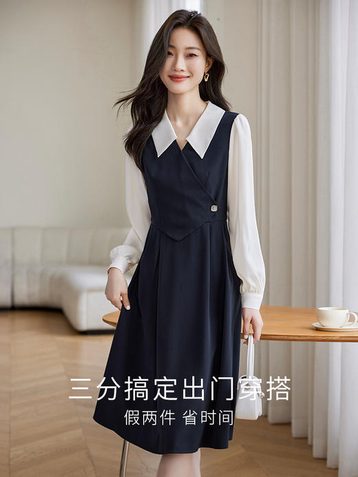【专属特价】熙世界法式假两件桔梗连衣裙女2025春新款时尚小众收腰衬衫裙子 商品图1