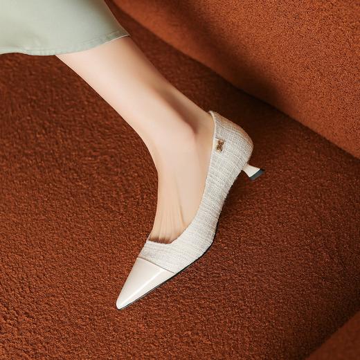 阿么手工女鞋小香风格纹拼接真皮尖头单鞋2024年新款浅口气质4CM 商品图3