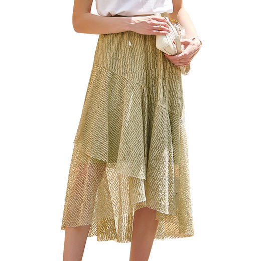 欧芮儿高腰显瘦牛油果绿蕾丝半身裙女2021年新款夏季中长款不规则 商品图3