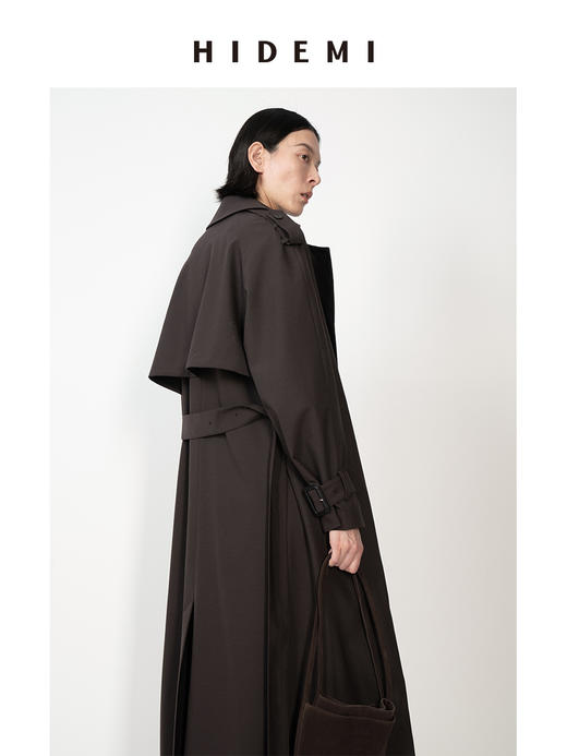 HIDEMI 咖色可机洗精纺羊毛极简立裁设计感搭片式可拆卸腰带肩章款长款风衣 商品图4