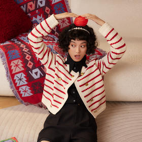 谜底条纹针织衫女2024春季新款百搭圆领双排扣针织开衫241MZ0316