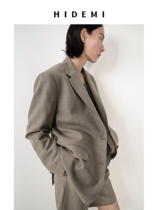 HIDEMI羊毛经典简约翻领色织格纹西装/压褶中裤 商品图4