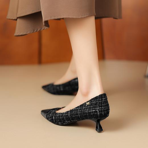 阿么手工女鞋小香风格纹拼接真皮尖头单鞋2024年新款浅口气质4CM 商品图1