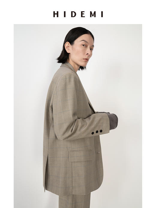 HIDEMI羊毛经典简约翻领色织格纹西装/压褶中裤 商品图5