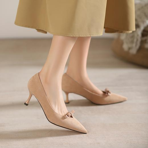 阿么手工女鞋浅口优雅蝴蝶结百搭单鞋细跟气质8CM时尚高跟鞋软底 商品图2