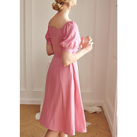 欧芮儿2020夏装新款方领短袖连衣裙女中长收腰显瘦气质粉色A字裙 商品图2