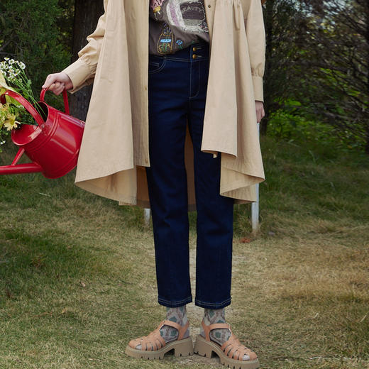 谜底棉弹牛仔裤女2024春新款复古高腰两粒扣百搭铅笔裤241MK0009 商品图1