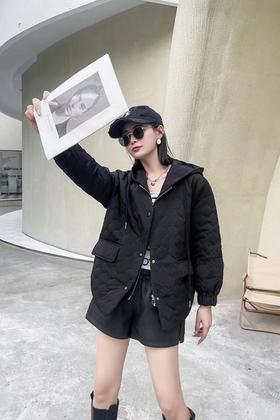 LNNNS 菱形格拼接卫衣连帽假两件棉服外套 17437