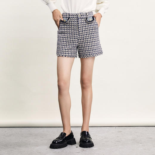 谜底毛呢格纹短裤女2024春季新款复古文艺直筒修身短裤241MK0145 商品图0