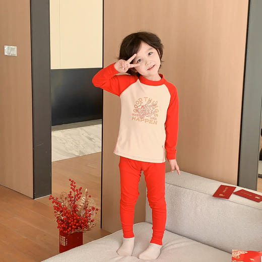 龙年【儿童本命年 德绒保暖套装】男童大红无骨秋衣秋裤 新年睡衣 家居服 商品图3