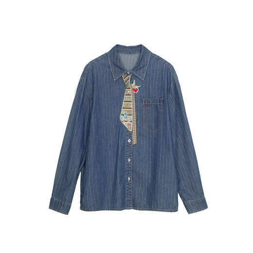 谜底牛仔衬衫长袖女2024春款复古特色领带绣花宽松衬衣241MC0017 商品图4