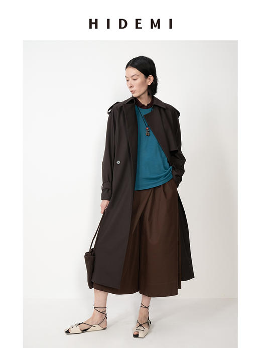 HIDEMI 咖色可机洗精纺羊毛极简立裁设计感搭片式可拆卸腰带肩章款长款风衣 商品图7