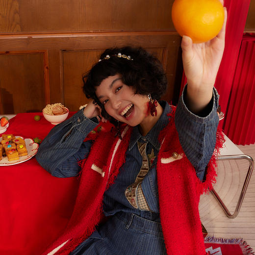 谜底牛仔衬衫长袖女2024春款复古特色领带绣花宽松衬衣241MC0017 商品图1