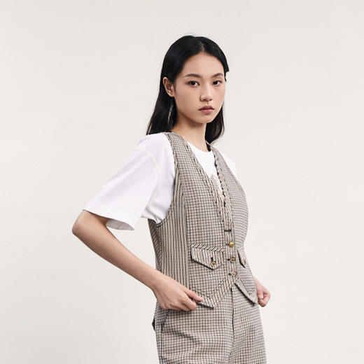 谜底格纹小马甲女2024春新款复古帅气修身短款西装马夹241MM0079 商品图1