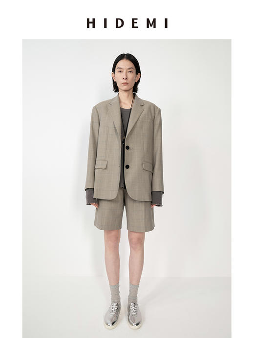 HIDEMI羊毛经典简约翻领色织格纹西装/压褶中裤 商品图1