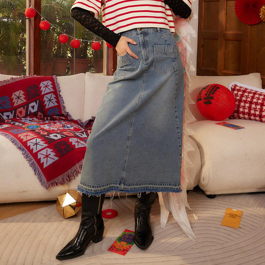 谜底A字型长款半身裙2024春季新款复古百搭高腰牛仔半裙241MB0002 商品图0