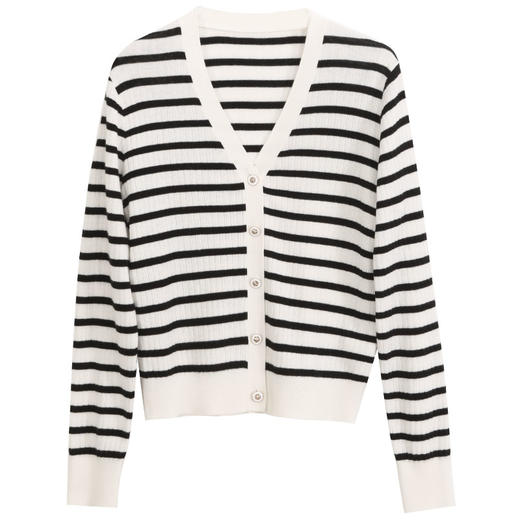 玳莎V领条纹针织开衫女时尚百搭显瘦羊毛上衣外套  EA33301 商品图4