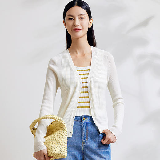 玳莎纯羊毛V领针织开衫女纯色简约百搭修身显瘦上衣  EA33304 商品图0