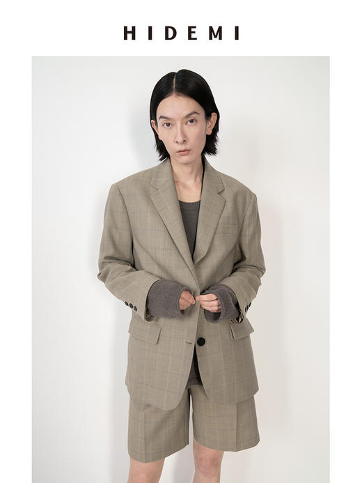 HIDEMI羊毛经典简约翻领色织格纹西装/压褶中裤 商品图6