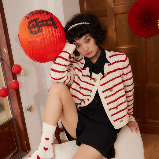 谜底条纹针织衫女2024春季新款百搭圆领双排扣针织开衫241MZ0316 商品图1