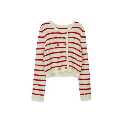 谜底条纹针织衫女2024春季新款百搭圆领双排扣针织开衫241MZ0316 商品图4