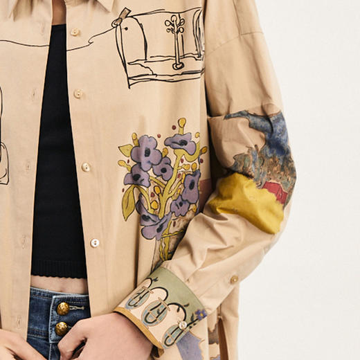 谜底大廓形印花衬衫女2024春新款复古高包容性纯棉衬衣241MC0093 商品图3