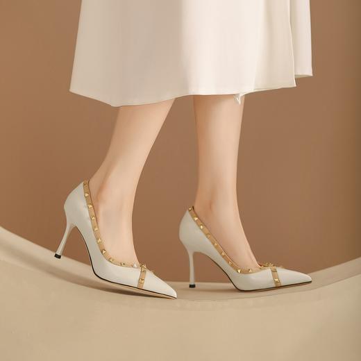 阿么手工女鞋气质欧美风尖头铆钉细跟高跟鞋8.5CCM优雅百搭单鞋女 商品图4