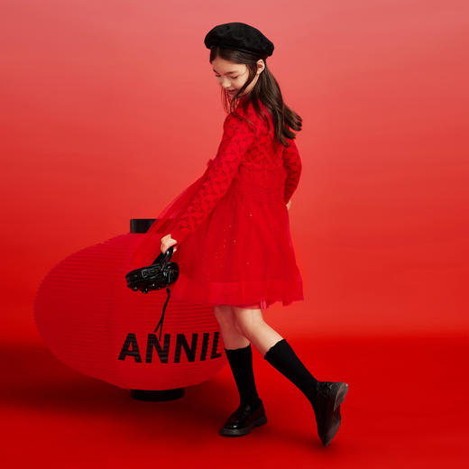 【新年红】女童连衣裙春新款提花网纱洋气长袖红色安奈儿童装EG414017 商品图1