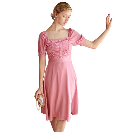 欧芮儿2020夏装新款方领短袖连衣裙女中长收腰显瘦气质粉色A字裙 商品图3