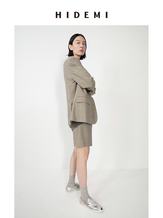 HIDEMI羊毛经典简约翻领色织格纹西装/压褶中裤 商品图10