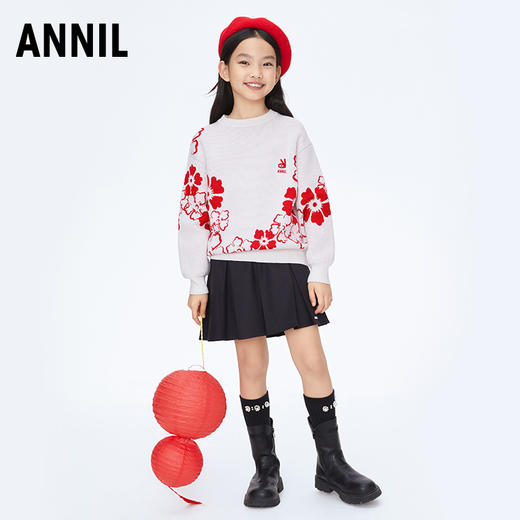 女童小红花长袖毛衣圆领新款安奈儿童装实体店同款AG414530 商品图3