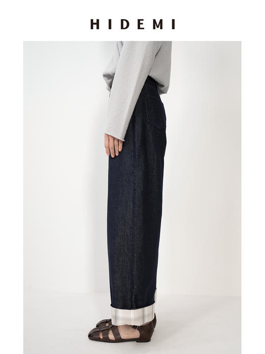 HIDEMI 复古牛仔蓝阔腿格纹拼接卷边牛仔裤 商品图9