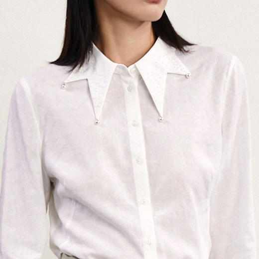 谜底通勤白衬衫长袖女2024春季新款领口钉珠绣百搭衬衣241MC0109 商品图3