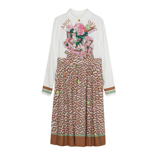 谜底衬衫式连衣裙长袖2024春新款复古印花中长款大摆裙241ML0091 商品图4