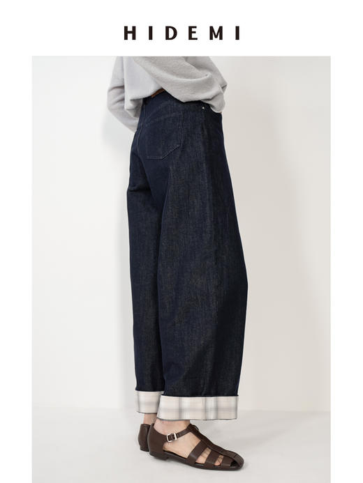 HIDEMI 复古牛仔蓝阔腿格纹拼接卷边牛仔裤 商品图3