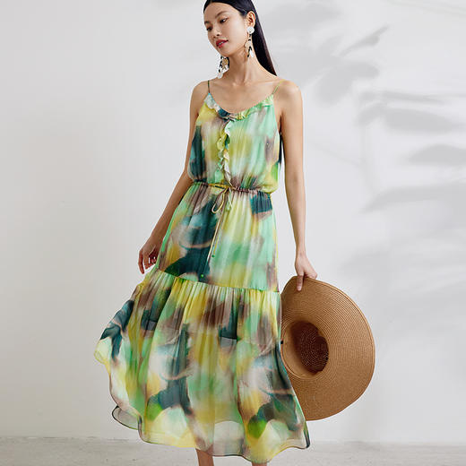 【度假系列】玳莎真丝印花吊带裙2024春装100%桑蚕丝乔其显瘦长裙  EA35002 商品图0