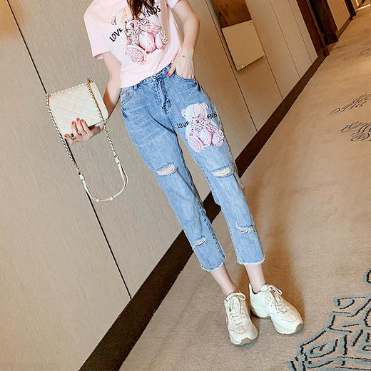 欧芮儿2021年蓝色九分牛仔裤 商品图0