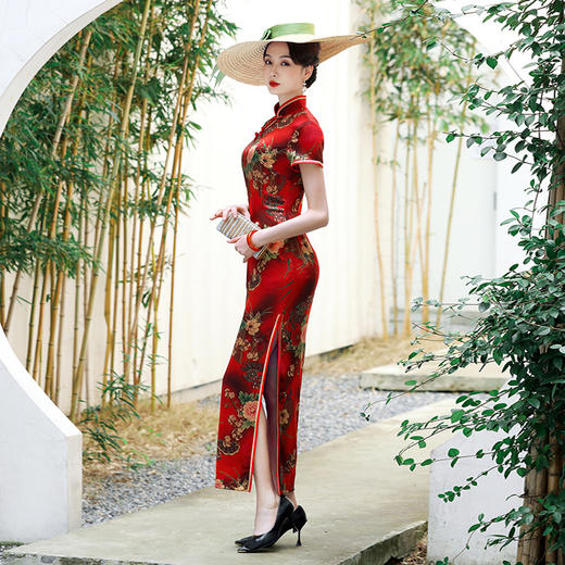 高端真丝旗袍长款桑蚕丝年轻款年会气质旗袍【3天发货】WXG-241 商品图1