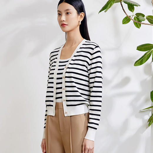 玳莎V领条纹针织开衫女时尚百搭显瘦羊毛上衣外套  EA33301 商品图2
