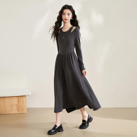 气质优雅假两件镂空长袖连衣裙春季新款亲肤软糯针织长裙V0140101 商品图1