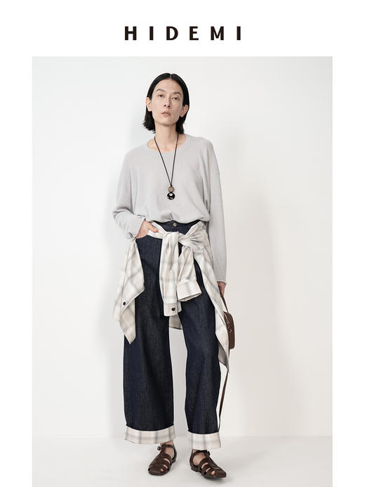 HIDEMI 复古牛仔蓝阔腿格纹拼接卷边牛仔裤 商品图10